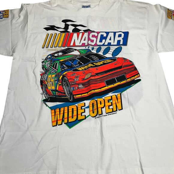 Vintage 90s NASCAR Wide Open T-Shirt White Big Print Racing Gildan AOP Size XXL